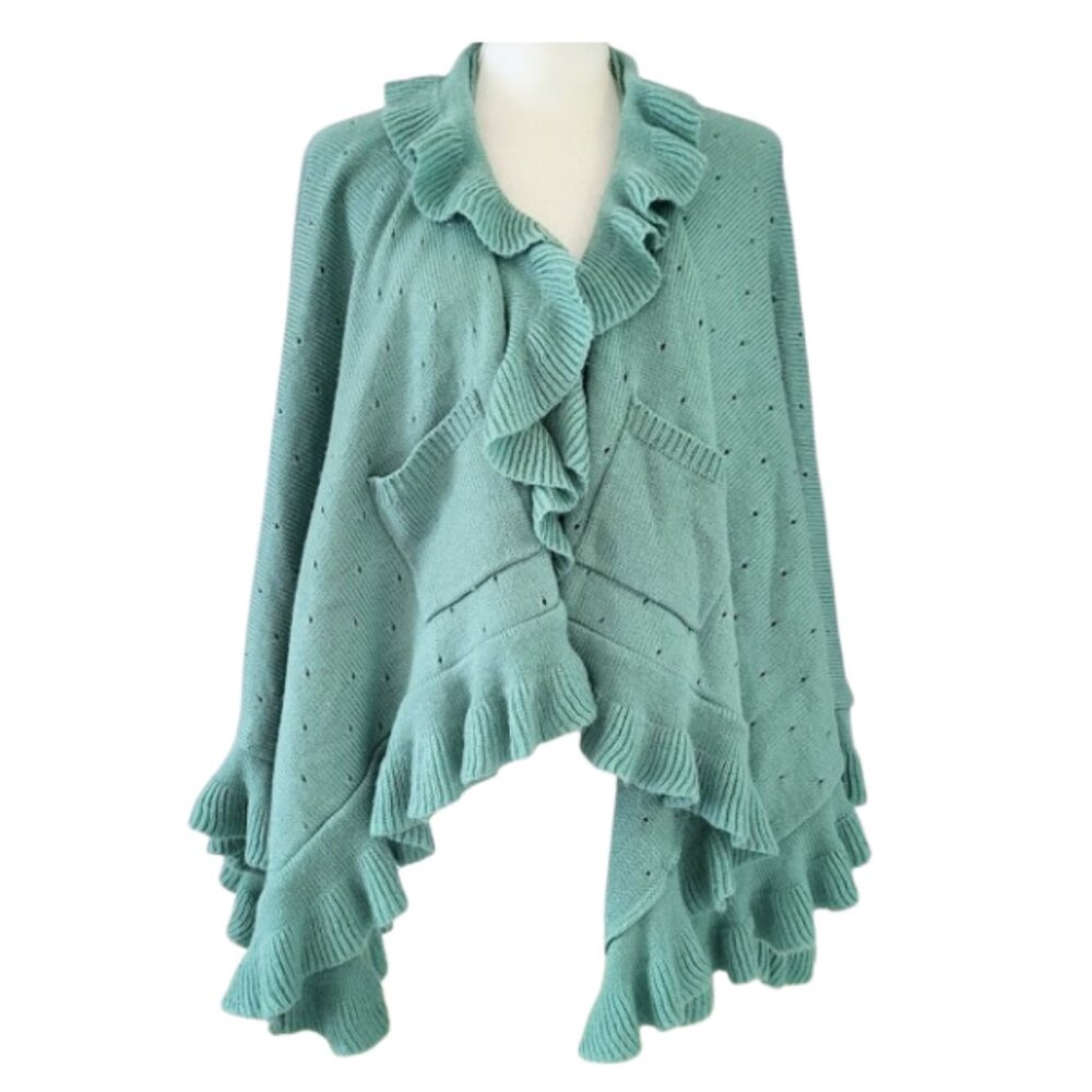 ROAMAN'S Mint Green Ruffled Acrylic Sweater Poncho Shawl Wrap - Women's One Size